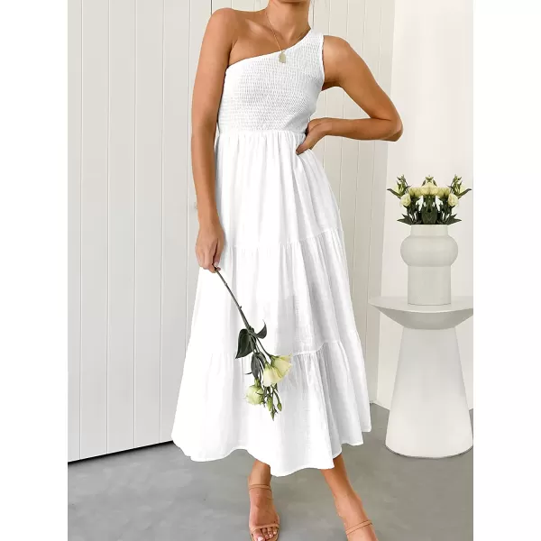 imageANRABESS Womens 2023 Summer Bohemian One Shoulder Sleeveless Smocked Ruffle Tiered Beach Maxi Sun DressWihte
