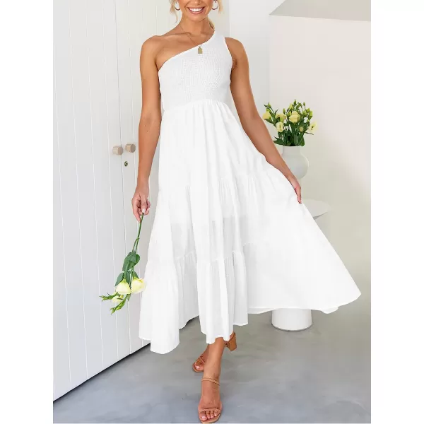 imageANRABESS Womens 2023 Summer Bohemian One Shoulder Sleeveless Smocked Ruffle Tiered Beach Maxi Sun DressWihte