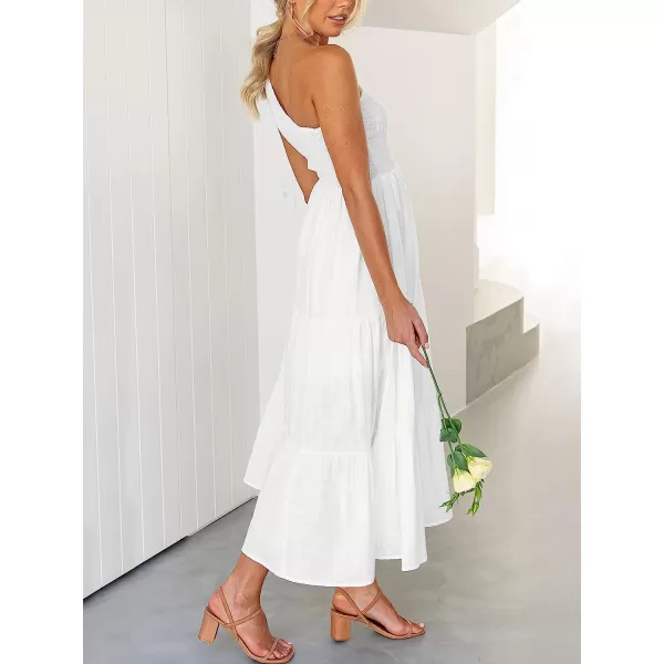 imageANRABESS Womens 2023 Summer Bohemian One Shoulder Sleeveless Smocked Ruffle Tiered Beach Maxi Sun DressWihte