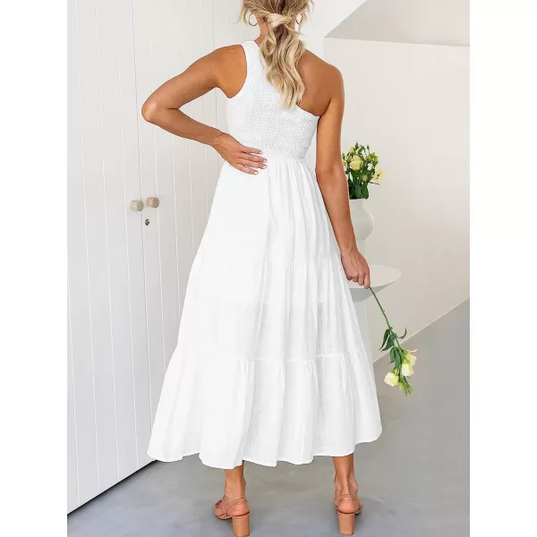 imageANRABESS Womens 2023 Summer Bohemian One Shoulder Sleeveless Smocked Ruffle Tiered Beach Maxi Sun DressWihte