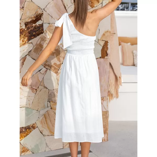 imageANRABESS Womens 2023 Summer Bohemian One Shoulder Sleeveless Smocked Ruffle Tiered Beach Maxi Sun DressZ Wihte