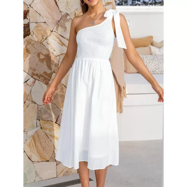 imageANRABESS Womens 2023 Summer Bohemian One Shoulder Sleeveless Smocked Ruffle Tiered Beach Maxi Sun DressZ Wihte