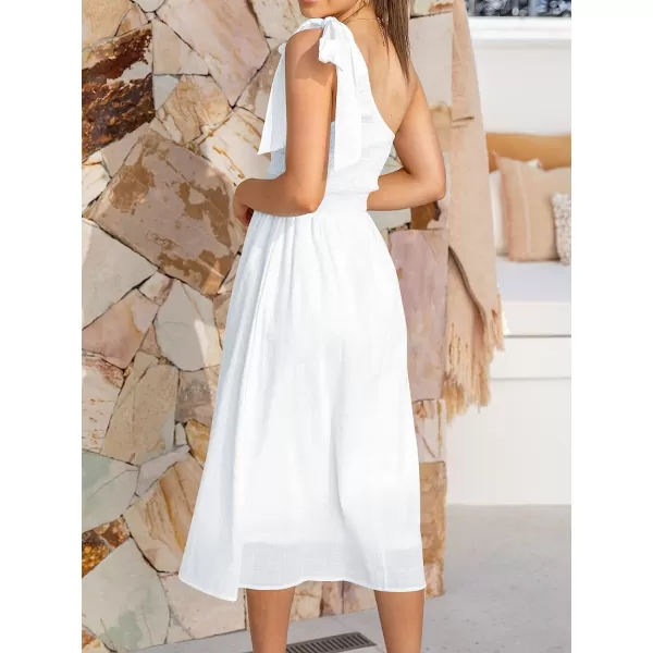 imageANRABESS Womens 2023 Summer Bohemian One Shoulder Sleeveless Smocked Ruffle Tiered Beach Maxi Sun DressZ Wihte