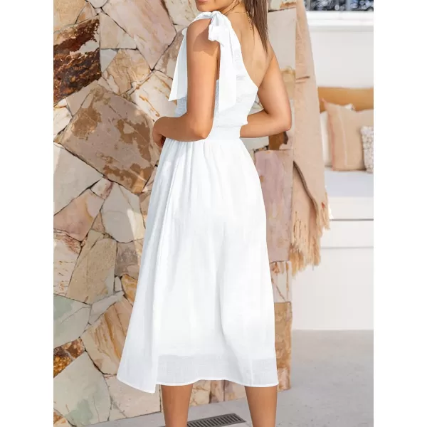 imageANRABESS Womens 2023 Summer Bohemian One Shoulder Sleeveless Smocked Ruffle Tiered Beach Maxi Sun DressZ Wihte