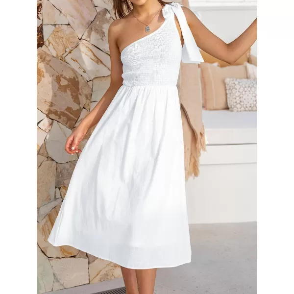imageANRABESS Womens 2023 Summer Bohemian One Shoulder Sleeveless Smocked Ruffle Tiered Beach Maxi Sun DressZ Wihte