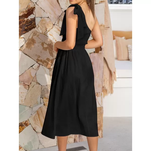 imageANRABESS Womens 2023 Summer Bohemian One Shoulder Sleeveless Smocked Ruffle Tiered Beach Maxi Sun DressZblack