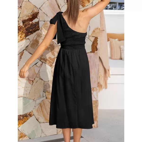 imageANRABESS Womens 2023 Summer Bohemian One Shoulder Sleeveless Smocked Ruffle Tiered Beach Maxi Sun DressZblack