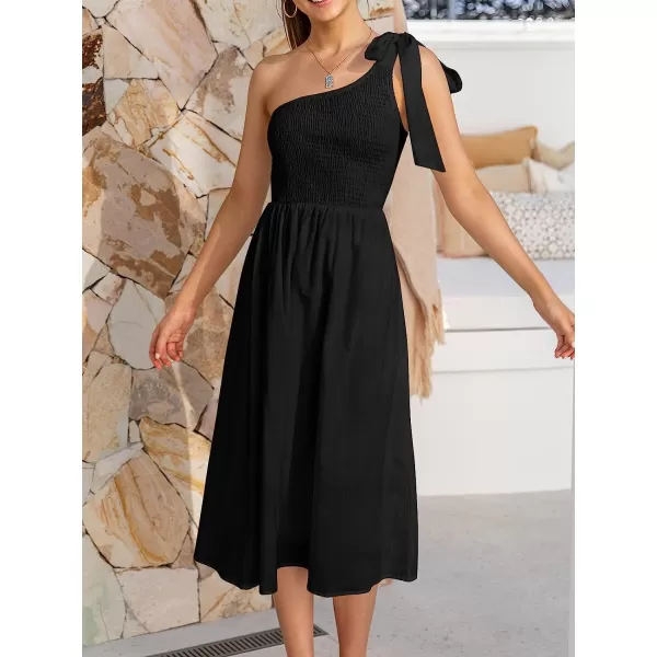 imageANRABESS Womens 2023 Summer Bohemian One Shoulder Sleeveless Smocked Ruffle Tiered Beach Maxi Sun DressZblack
