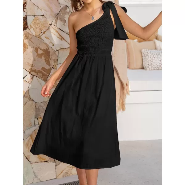 imageANRABESS Womens 2023 Summer Bohemian One Shoulder Sleeveless Smocked Ruffle Tiered Beach Maxi Sun DressZblack