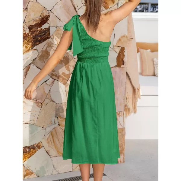 imageANRABESS Womens 2023 Summer Bohemian One Shoulder Sleeveless Smocked Ruffle Tiered Beach Maxi Sun DressZgreen