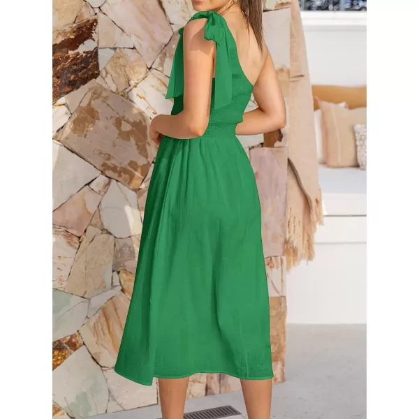 imageANRABESS Womens 2023 Summer Bohemian One Shoulder Sleeveless Smocked Ruffle Tiered Beach Maxi Sun DressZgreen