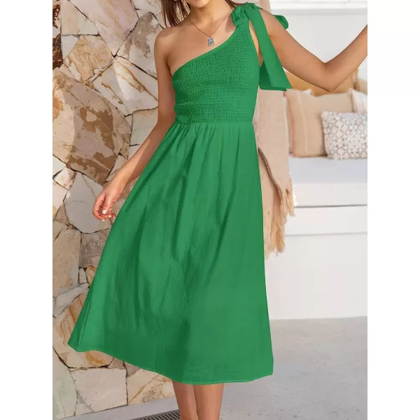 imageANRABESS Womens 2023 Summer Bohemian One Shoulder Sleeveless Smocked Ruffle Tiered Beach Maxi Sun DressZgreen