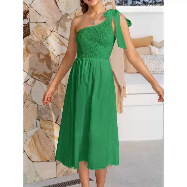 imageANRABESS Womens 2023 Summer Bohemian One Shoulder Sleeveless Smocked Ruffle Tiered Beach Maxi Sun DressZgreen