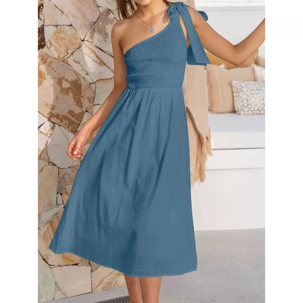 imageANRABESS Womens 2023 Summer Bohemian One Shoulder Sleeveless Smocked Ruffle Tiered Beach Maxi Sun DressZnavy Blue