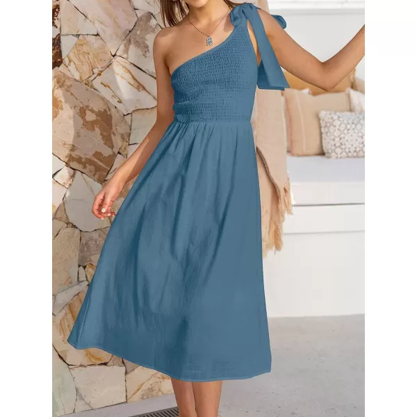 imageANRABESS Womens 2023 Summer Bohemian One Shoulder Sleeveless Smocked Ruffle Tiered Beach Maxi Sun DressZnavy Blue