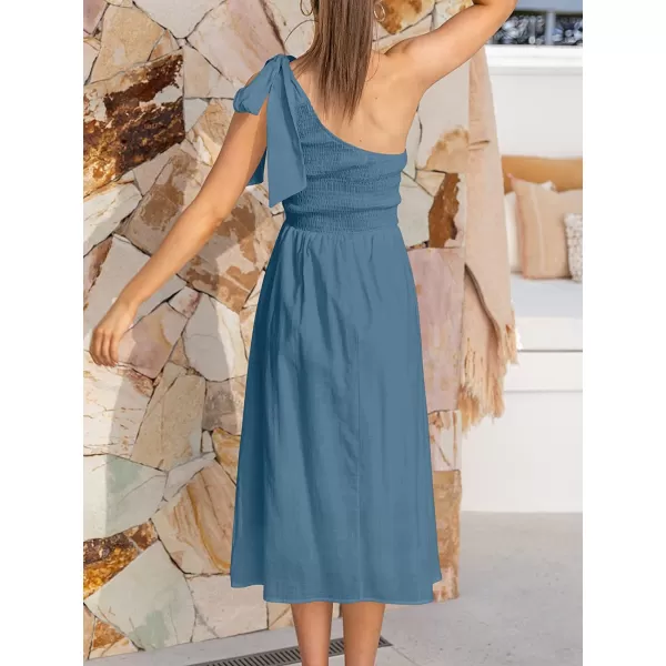 imageANRABESS Womens 2023 Summer Bohemian One Shoulder Sleeveless Smocked Ruffle Tiered Beach Maxi Sun DressZnavy Blue