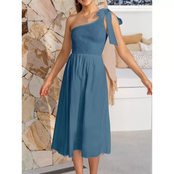 imageANRABESS Womens 2023 Summer Bohemian One Shoulder Sleeveless Smocked Ruffle Tiered Beach Maxi Sun DressZnavy Blue