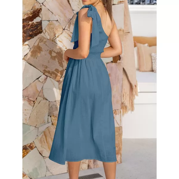 imageANRABESS Womens 2023 Summer Bohemian One Shoulder Sleeveless Smocked Ruffle Tiered Beach Maxi Sun DressZnavy Blue