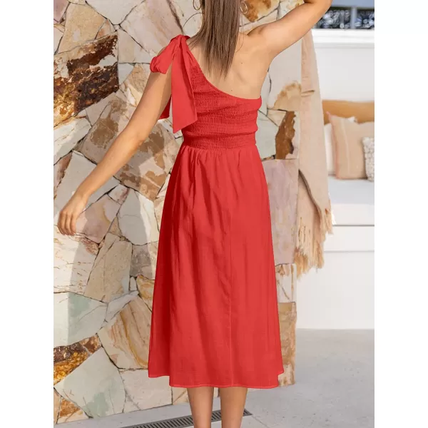 imageANRABESS Womens 2023 Summer Bohemian One Shoulder Sleeveless Smocked Ruffle Tiered Beach Maxi Sun DressZred