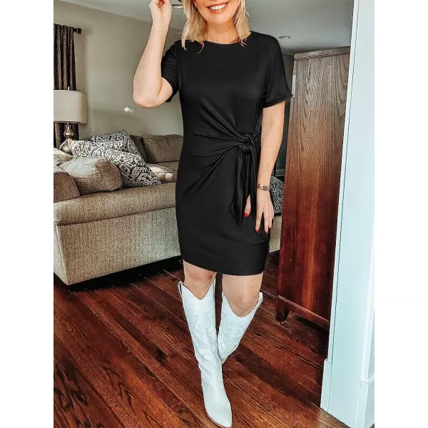 imageANRABESS Womens 2023 Summer T Shirt Dress Casual Short Sleeve Bodycon Ruched Tie Waist Mini DressesBlack