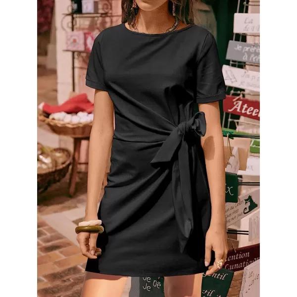 imageANRABESS Womens 2023 Summer T Shirt Dress Casual Short Sleeve Bodycon Ruched Tie Waist Mini DressesBlack