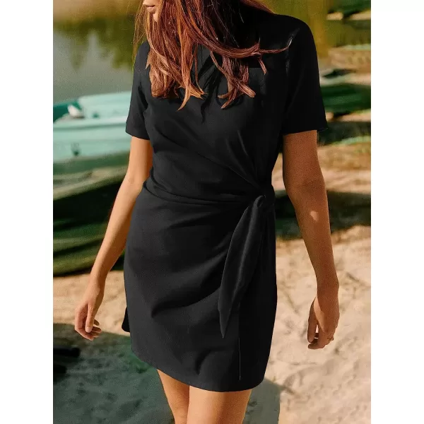 imageANRABESS Womens 2023 Summer T Shirt Dress Casual Short Sleeve Bodycon Ruched Tie Waist Mini DressesBlack