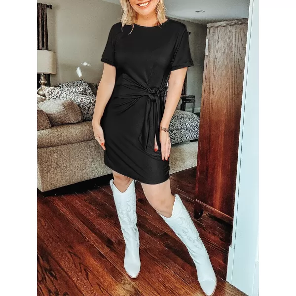 imageANRABESS Womens 2023 Summer T Shirt Dress Casual Short Sleeve Bodycon Ruched Tie Waist Mini DressesBlack