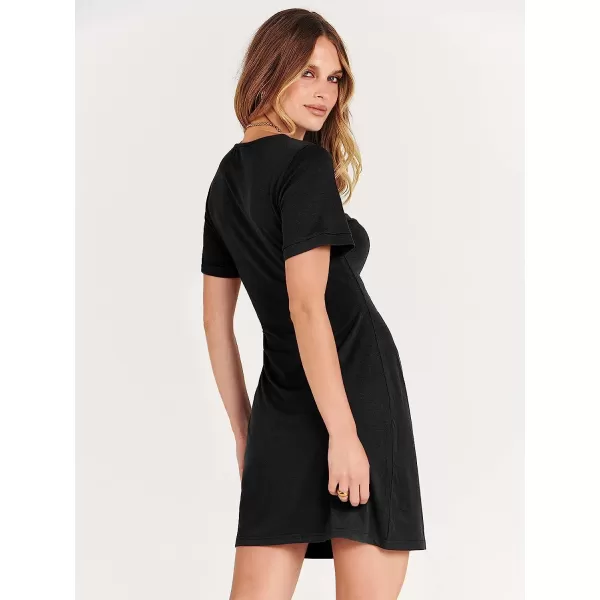 imageANRABESS Womens 2023 Summer T Shirt Dress Casual Short Sleeve Bodycon Ruched Tie Waist Mini DressesBlack
