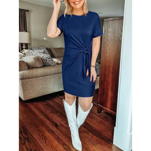 imageANRABESS Womens 2023 Summer T Shirt Dress Casual Short Sleeve Bodycon Ruched Tie Waist Mini DressesBlue
