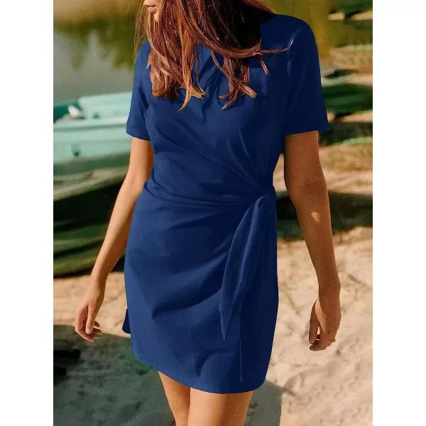 imageANRABESS Womens 2023 Summer T Shirt Dress Casual Short Sleeve Bodycon Ruched Tie Waist Mini DressesBlue