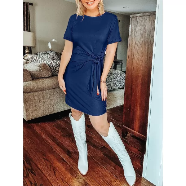imageANRABESS Womens 2023 Summer T Shirt Dress Casual Short Sleeve Bodycon Ruched Tie Waist Mini DressesBlue
