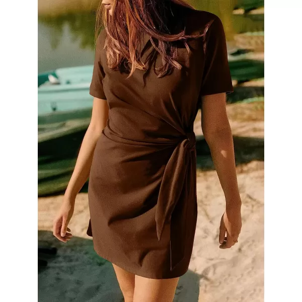 imageANRABESS Womens 2023 Summer T Shirt Dress Casual Short Sleeve Bodycon Ruched Tie Waist Mini DressesCoffee