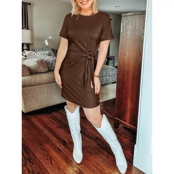 imageANRABESS Womens 2023 Summer T Shirt Dress Casual Short Sleeve Bodycon Ruched Tie Waist Mini DressesCoffee