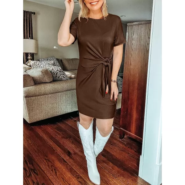 imageANRABESS Womens 2023 Summer T Shirt Dress Casual Short Sleeve Bodycon Ruched Tie Waist Mini DressesCoffee