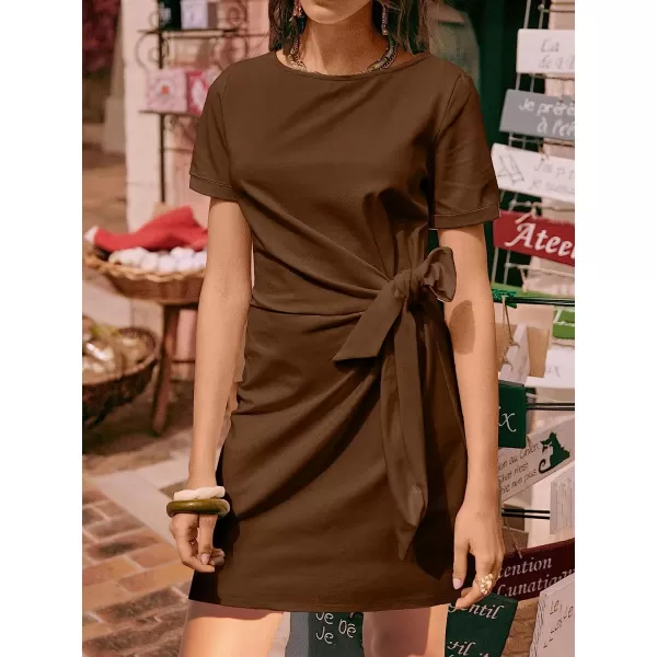 imageANRABESS Womens 2023 Summer T Shirt Dress Casual Short Sleeve Bodycon Ruched Tie Waist Mini DressesCoffee