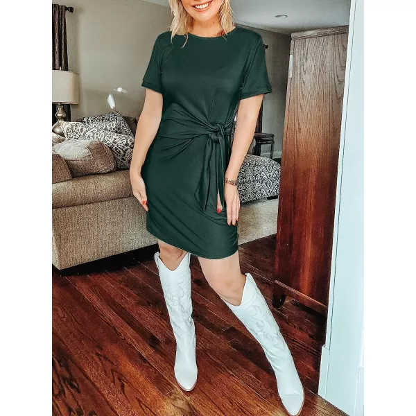 imageANRABESS Womens 2023 Summer T Shirt Dress Casual Short Sleeve Bodycon Ruched Tie Waist Mini DressesDeep Green