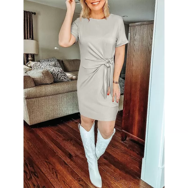 imageANRABESS Womens 2023 Summer T Shirt Dress Casual Short Sleeve Bodycon Ruched Tie Waist Mini DressesGray