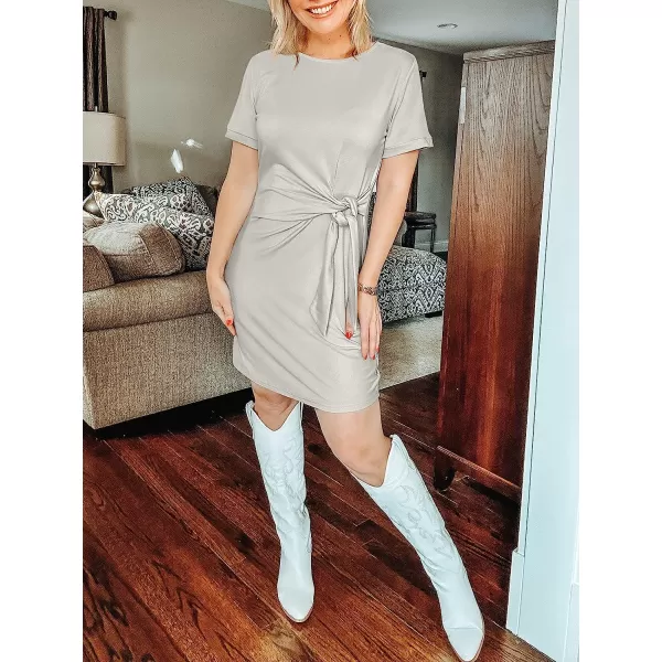 imageANRABESS Womens 2023 Summer T Shirt Dress Casual Short Sleeve Bodycon Ruched Tie Waist Mini DressesGray