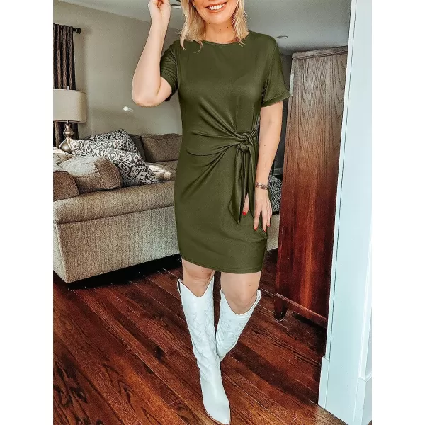imageANRABESS Womens 2023 Summer T Shirt Dress Casual Short Sleeve Bodycon Ruched Tie Waist Mini DressesGreen
