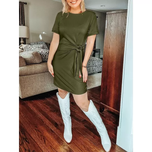 imageANRABESS Womens 2023 Summer T Shirt Dress Casual Short Sleeve Bodycon Ruched Tie Waist Mini DressesGreen