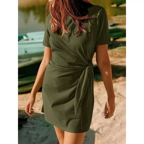 imageANRABESS Womens 2023 Summer T Shirt Dress Casual Short Sleeve Bodycon Ruched Tie Waist Mini DressesGreen