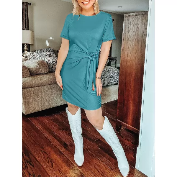 imageANRABESS Womens 2023 Summer T Shirt Dress Casual Short Sleeve Bodycon Ruched Tie Waist Mini DressesLake