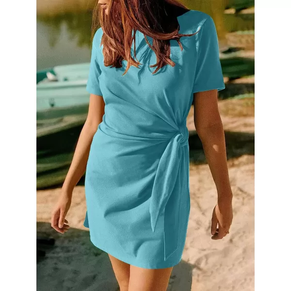 imageANRABESS Womens 2023 Summer T Shirt Dress Casual Short Sleeve Bodycon Ruched Tie Waist Mini DressesLake