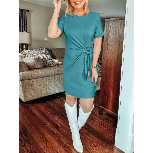 imageANRABESS Womens 2023 Summer T Shirt Dress Casual Short Sleeve Bodycon Ruched Tie Waist Mini DressesLake