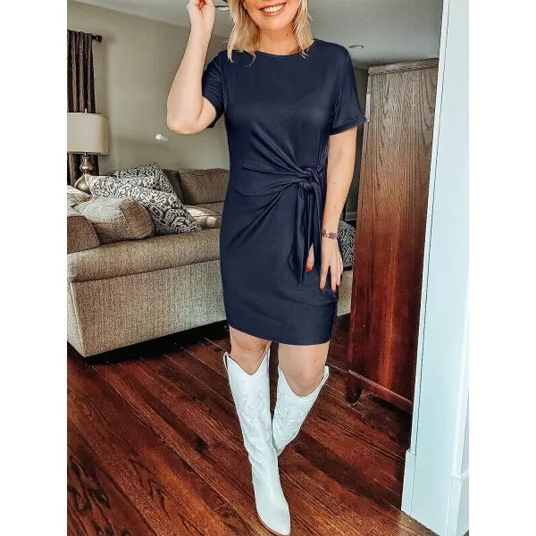 imageANRABESS Womens 2023 Summer T Shirt Dress Casual Short Sleeve Bodycon Ruched Tie Waist Mini DressesNavy Blue