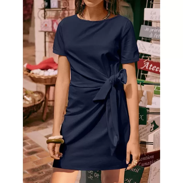 imageANRABESS Womens 2023 Summer T Shirt Dress Casual Short Sleeve Bodycon Ruched Tie Waist Mini DressesNavy Blue