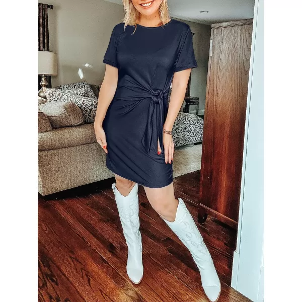 imageANRABESS Womens 2023 Summer T Shirt Dress Casual Short Sleeve Bodycon Ruched Tie Waist Mini DressesNavy Blue