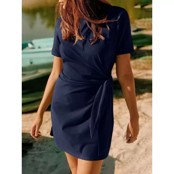 imageANRABESS Womens 2023 Summer T Shirt Dress Casual Short Sleeve Bodycon Ruched Tie Waist Mini DressesNavy Blue