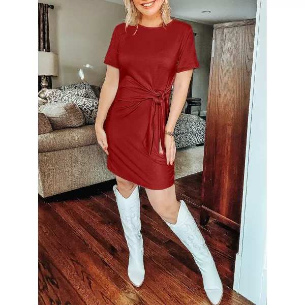 imageANRABESS Womens 2023 Summer T Shirt Dress Casual Short Sleeve Bodycon Ruched Tie Waist Mini DressesRed