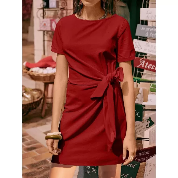 imageANRABESS Womens 2023 Summer T Shirt Dress Casual Short Sleeve Bodycon Ruched Tie Waist Mini DressesRed